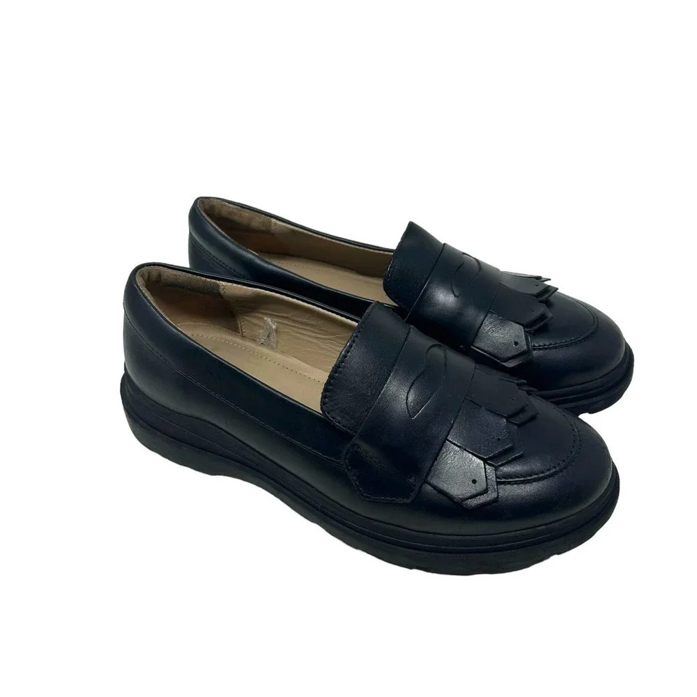 Zara Top Grade Leather Black Fringe Platform Loafers Size‎ 36 / US 5.5